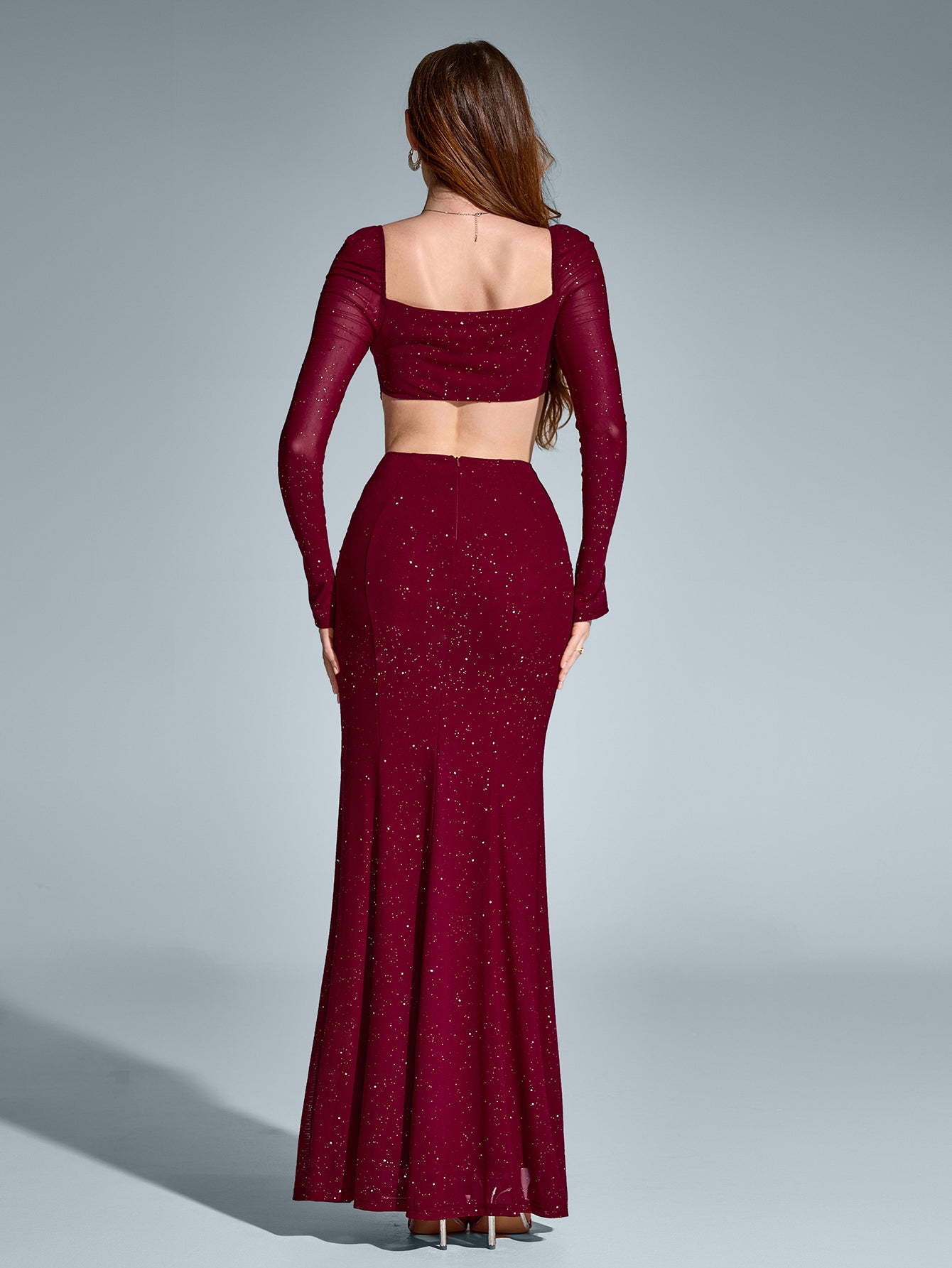 Cut Out Backless Split Thigh Mermaid Hem Glitter Dress - View 12