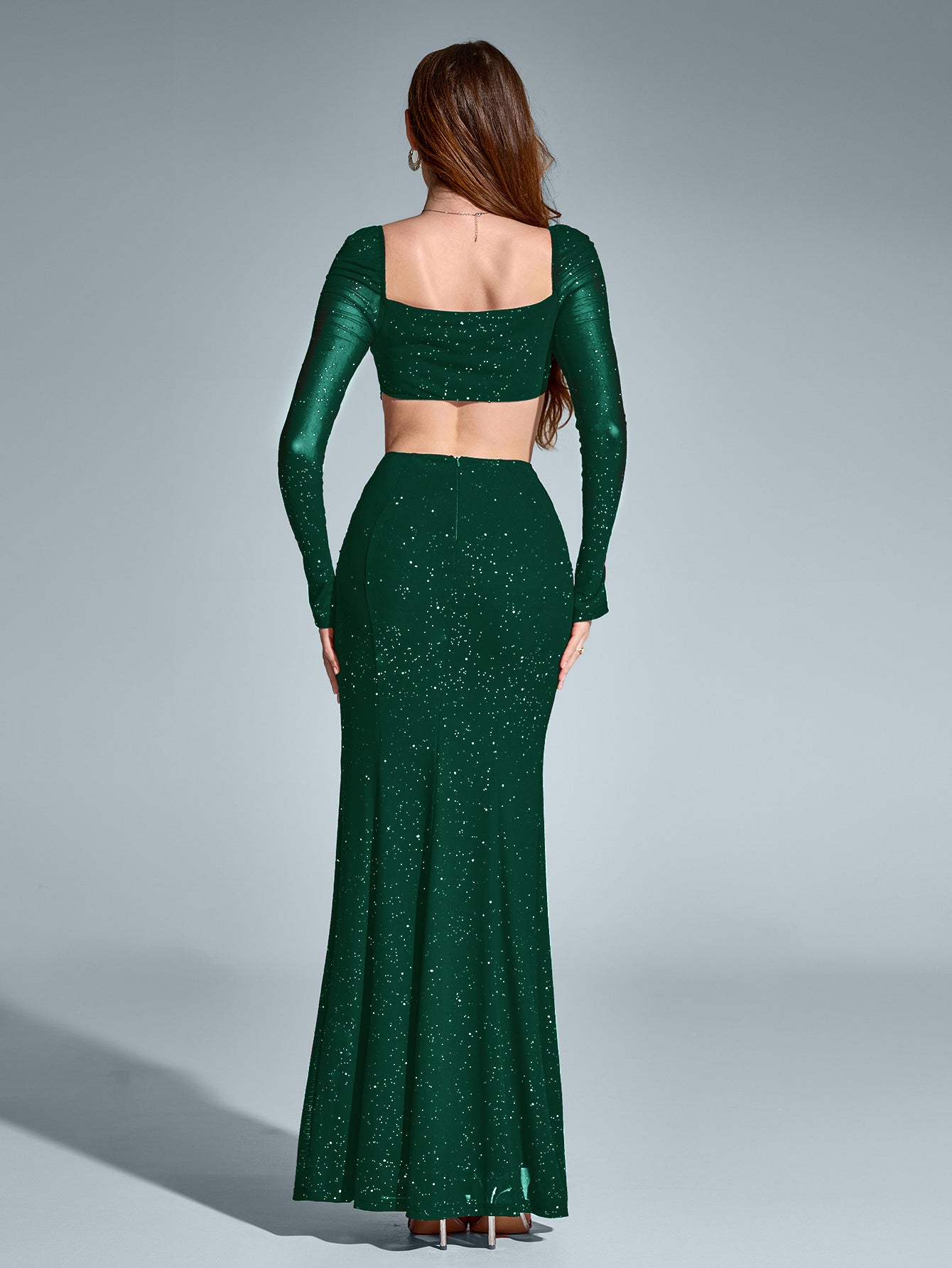 Cut Out Backless Split Thigh Mermaid Hem Glitter Dress - View 13