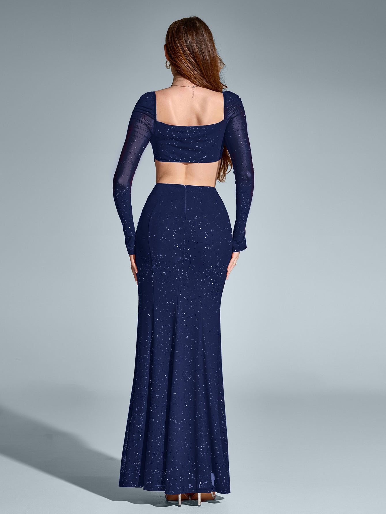 Cut Out Backless Split Thigh Mermaid Hem Glitter Dress - View 6