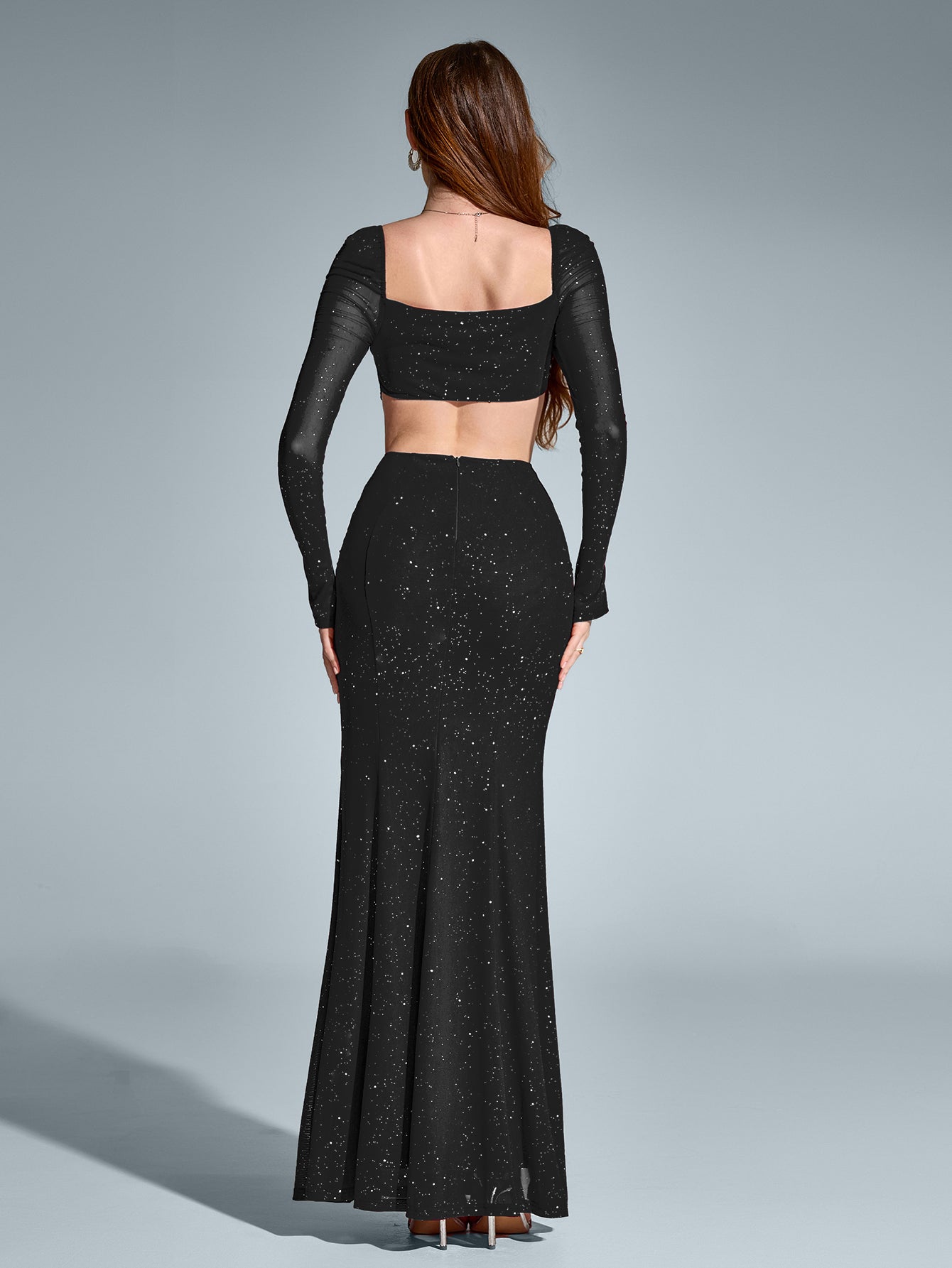 Cut Out Backless Split Thigh Mermaid Hem Glitter Dress - View 23