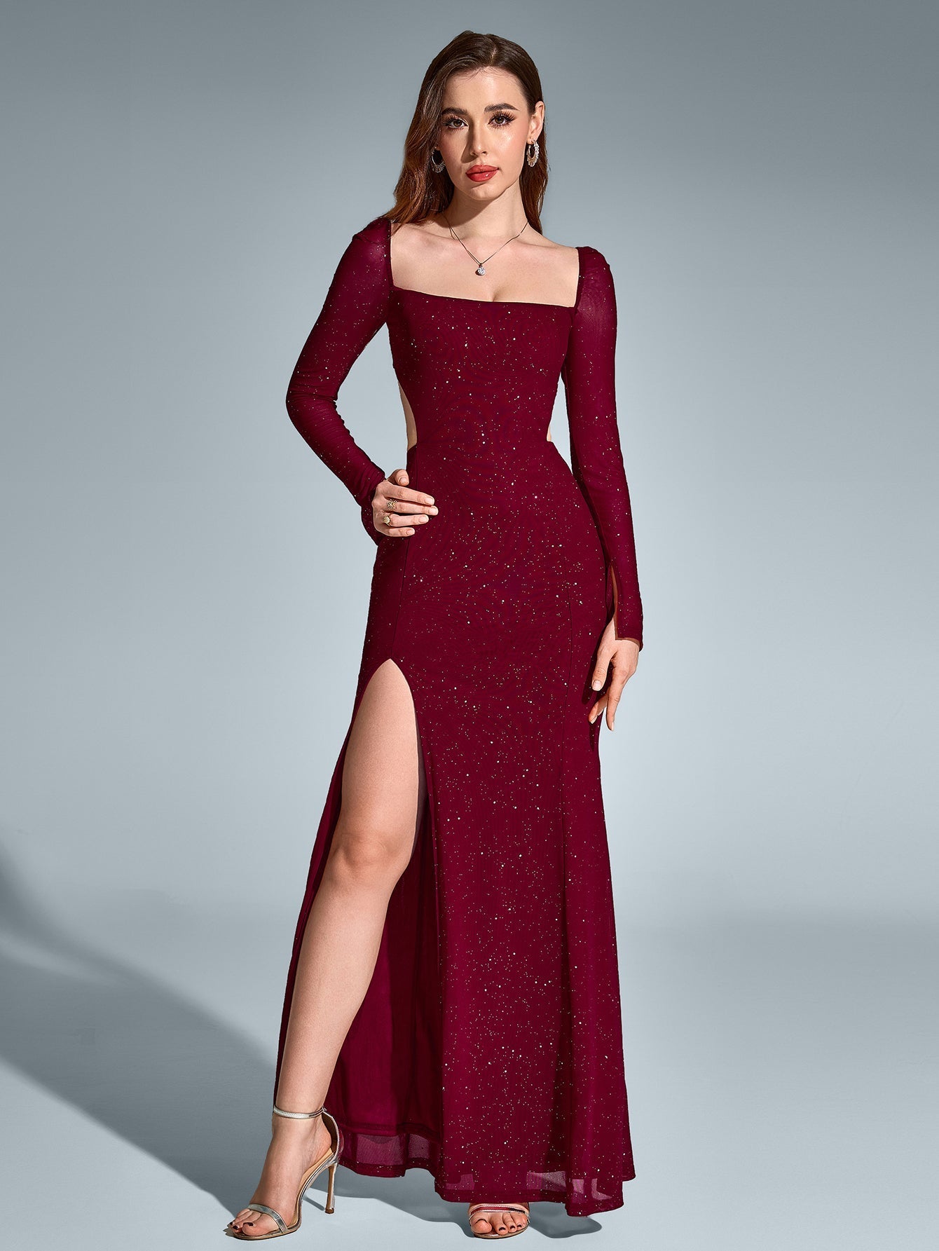 Cut Out Backless Split Thigh Mermaid Hem Glitter Dress - View 21
