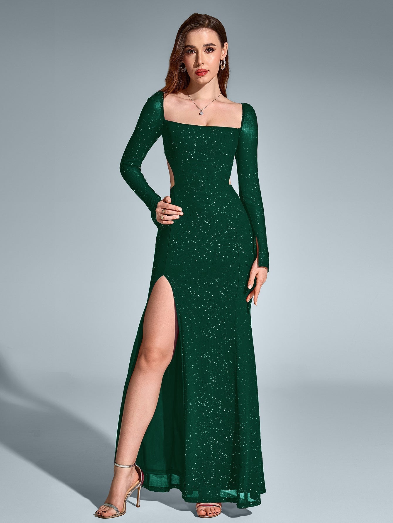 Cut Out Backless Split Thigh Mermaid Hem Glitter Dress - View 17