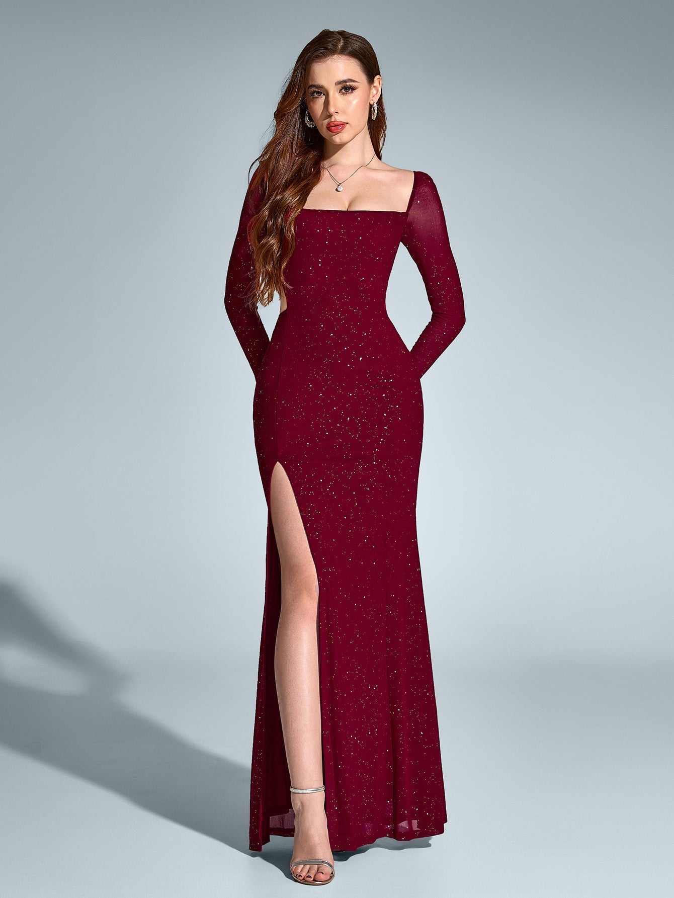 Cut Out Backless Split Thigh Mermaid Hem Glitter Dress - View 20
