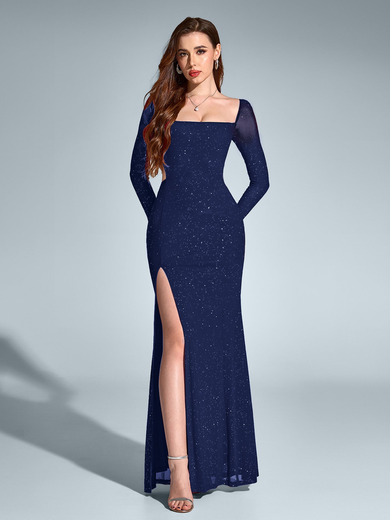 Cut Out Backless Split Thigh Mermaid Hem Glitter Dress - View 9