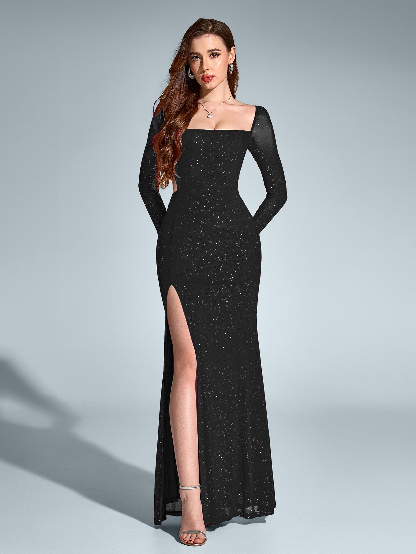 Cut Out Backless Split Thigh Mermaid Hem Glitter Dress - View 3