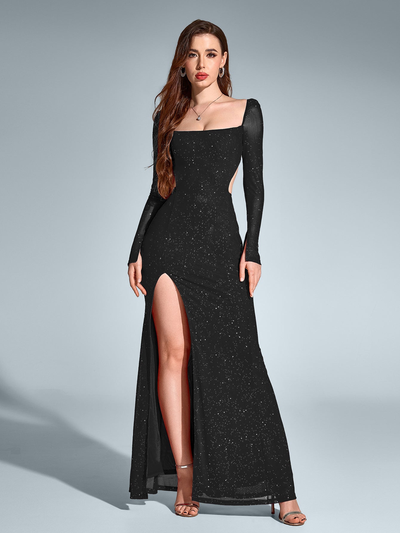 Cut Out Backless Split Thigh Mermaid Hem Glitter Dress - View 22