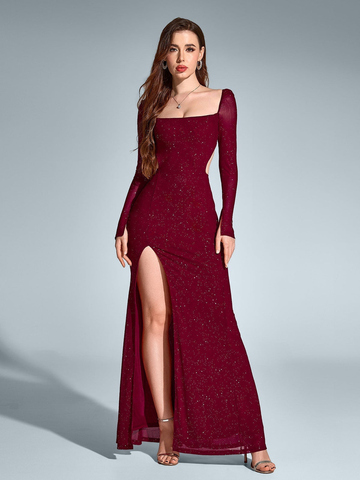 Glitter Square Neck Long Sleeve Side Cut Out High Split Maxi Dress