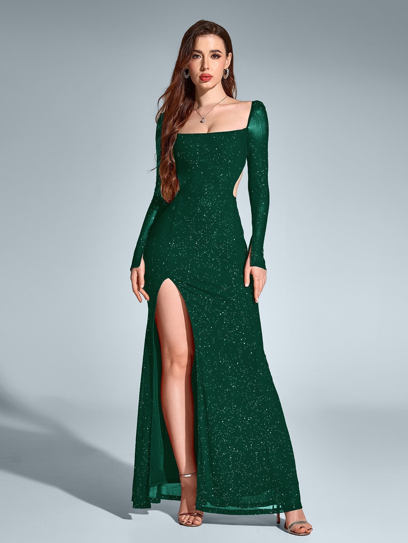 Cut Out Backless Split Thigh Mermaid Hem Glitter Dress - View 11