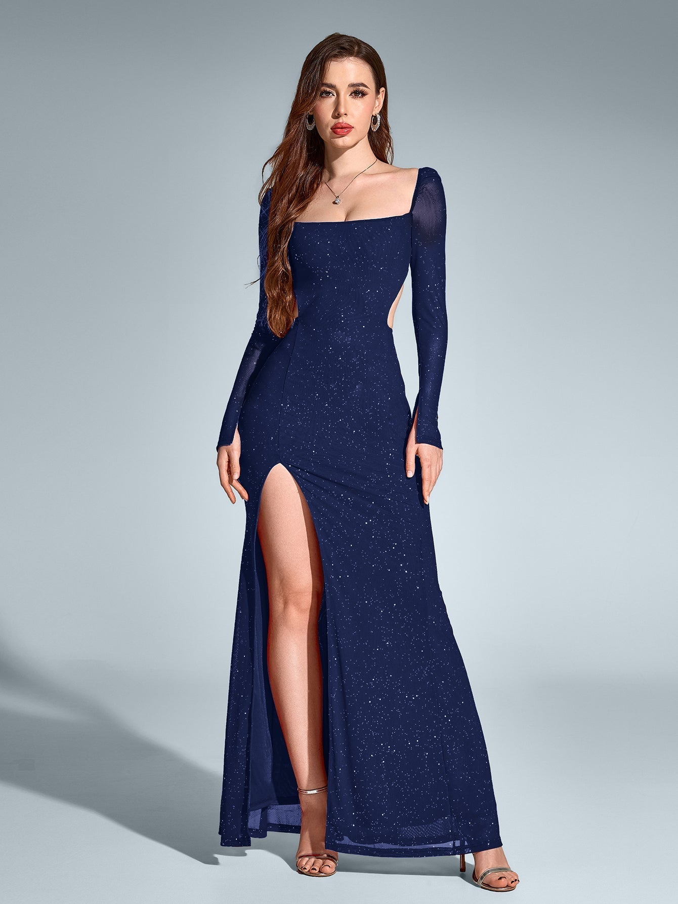 Cut Out Backless Split Thigh Mermaid Hem Glitter Dress - View 5