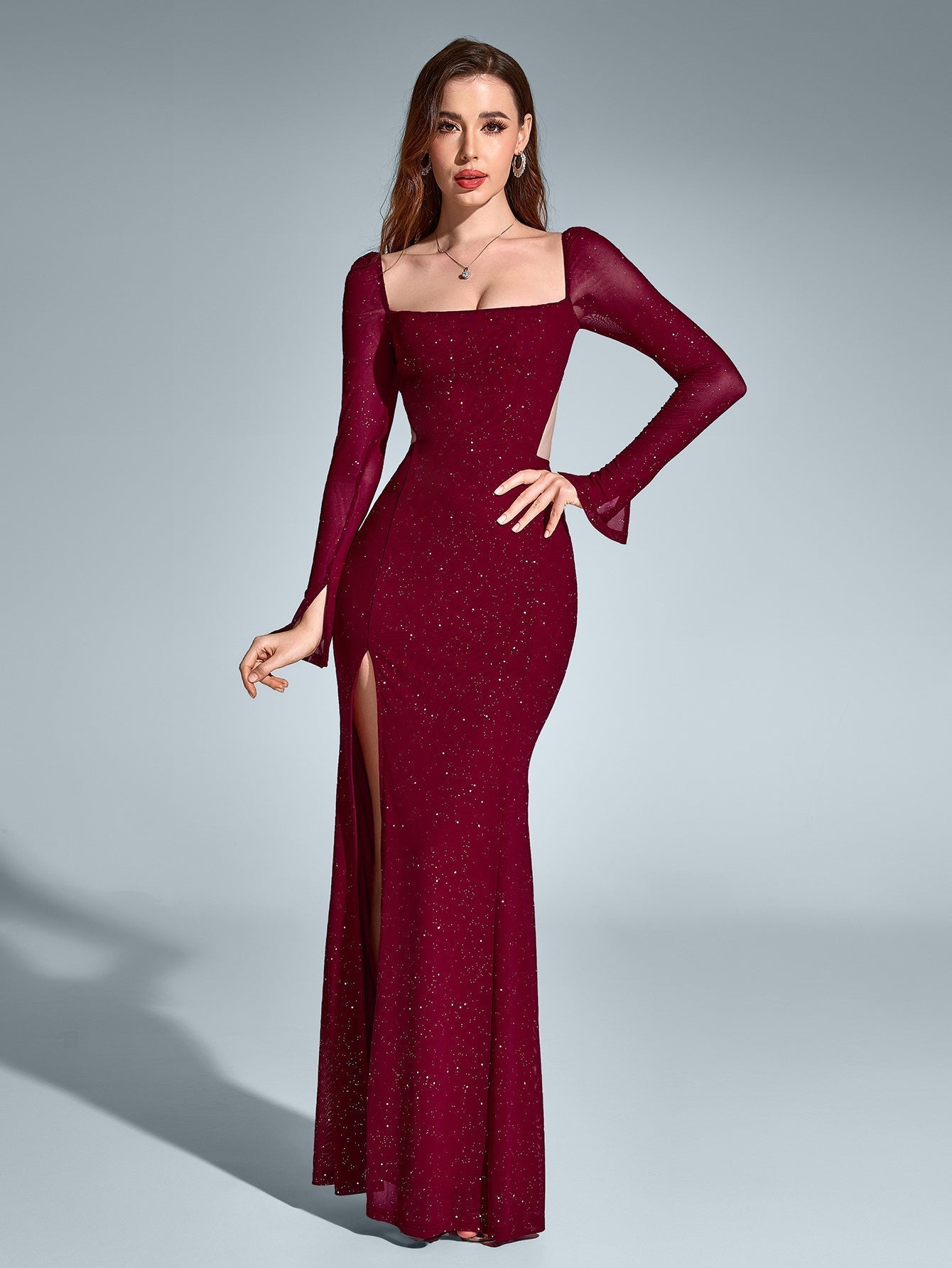 Cut Out Backless Split Thigh Mermaid Hem Glitter Dress - View 19