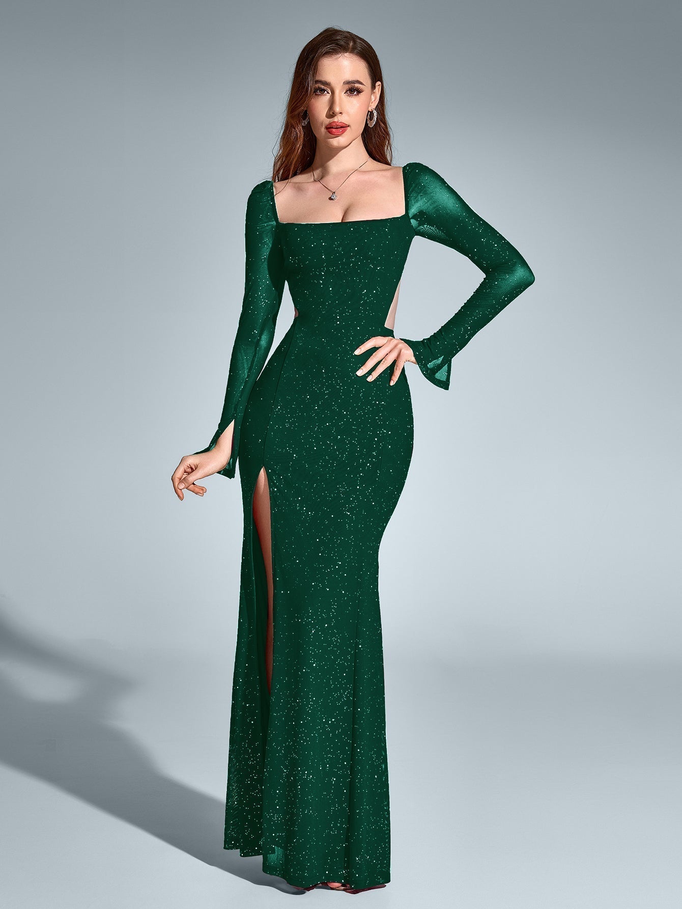 Cut Out Backless Split Thigh Mermaid Hem Glitter Dress - View 15