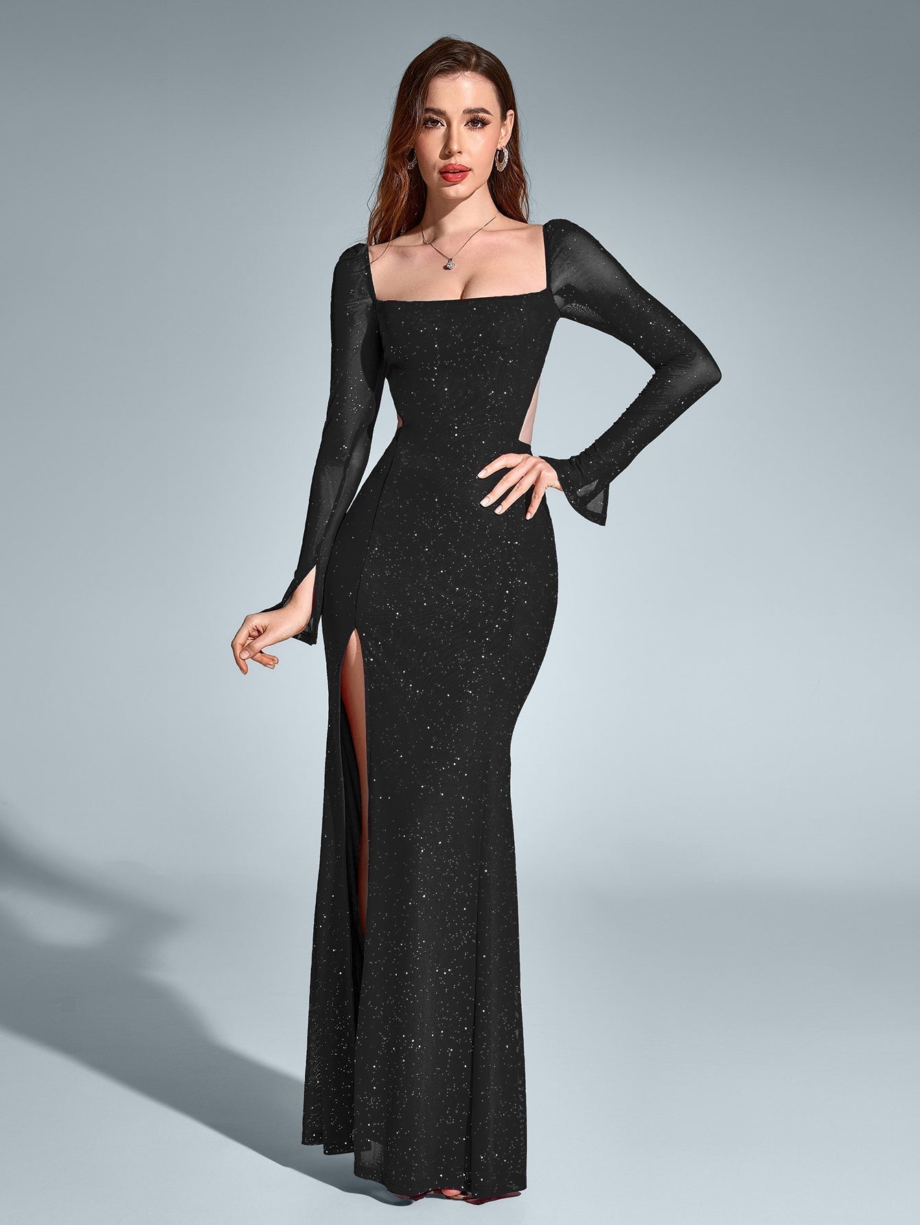 Cut Out Backless Split Thigh Mermaid Hem Glitter Dress - View 2
