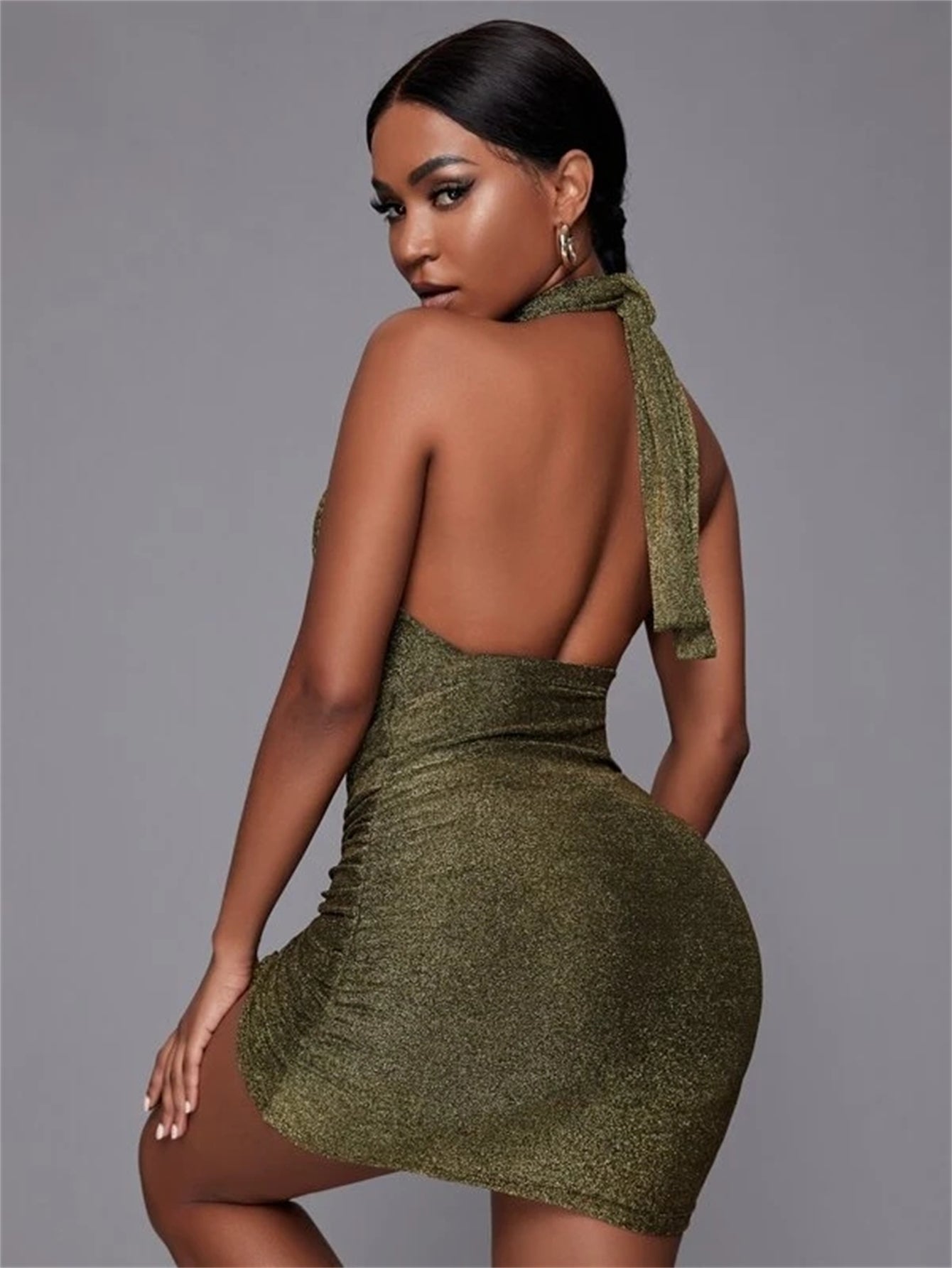 Glitter Halter Neck Cut Out Ruched Bodycon Mini Dress