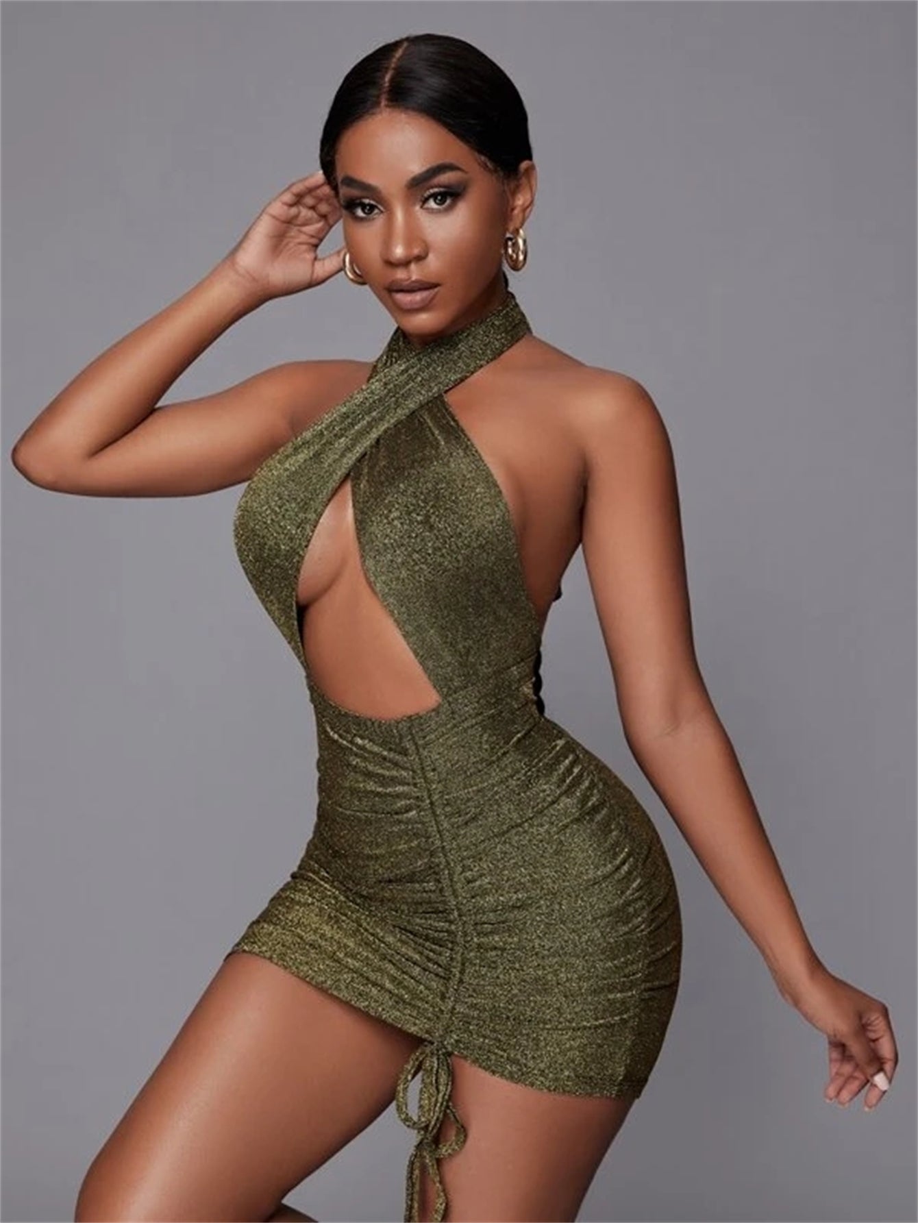 Glitter Halter Neck Cut Out Ruched Bodycon Mini Dress