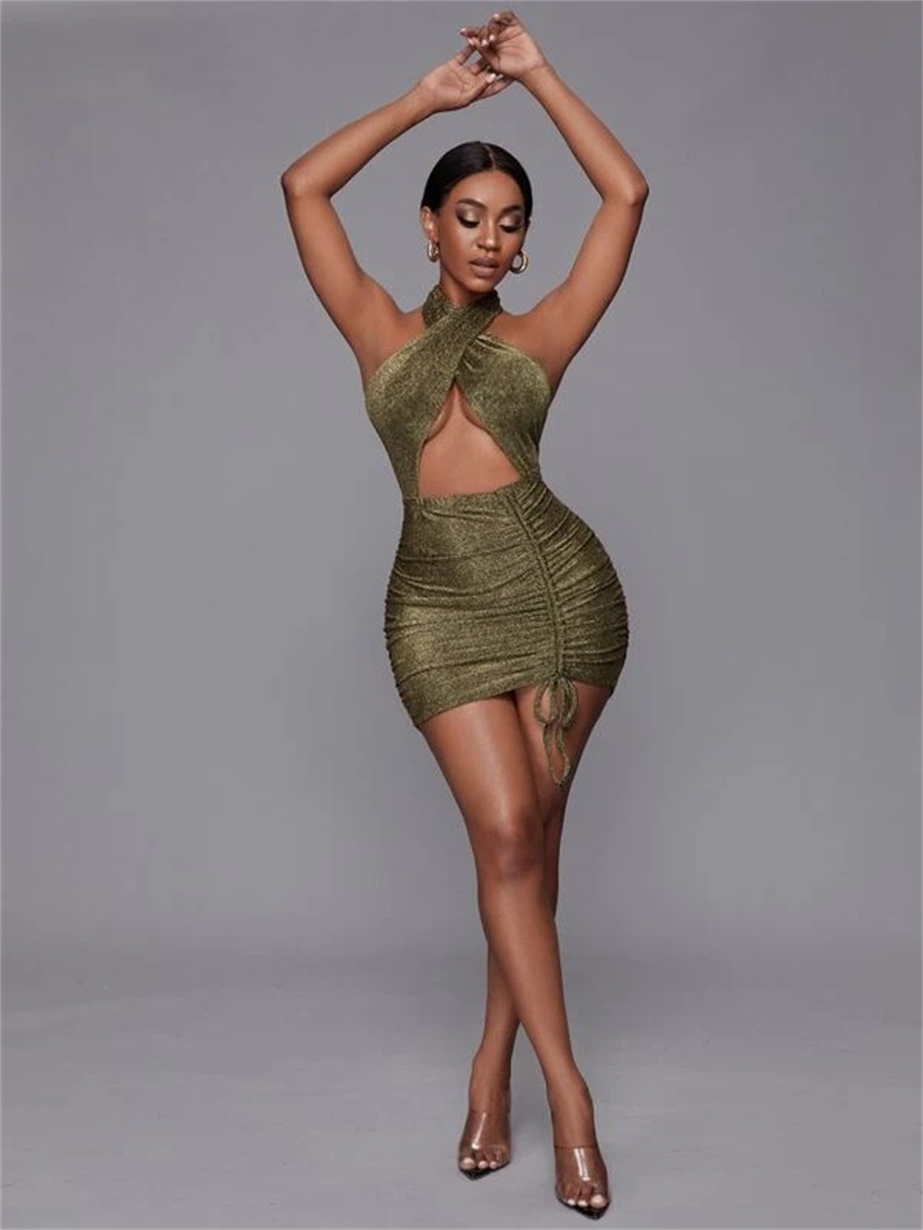 Glitter Halter Neck Cut Out Ruched Bodycon Mini Dress