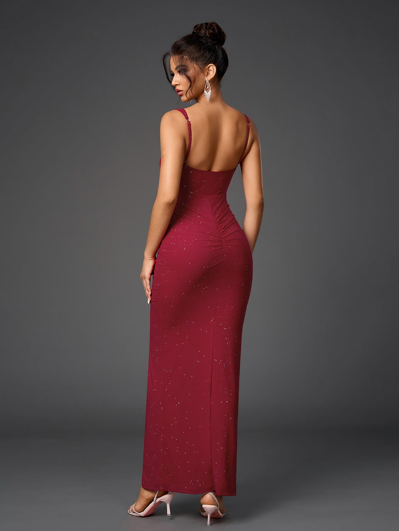 Cut Out Flounce Trim Ruched Glitter Mesh Dress - View 2