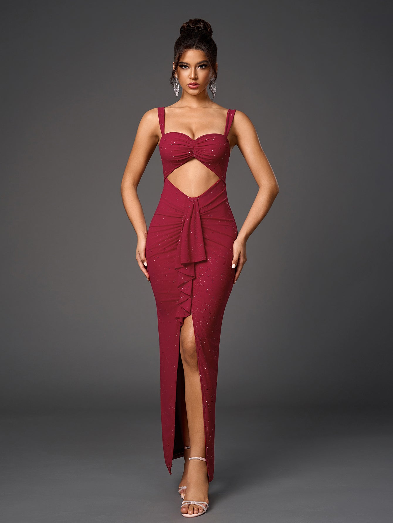 Cut Out Flounce Trim Ruched Glitter Mesh Dress - View 5