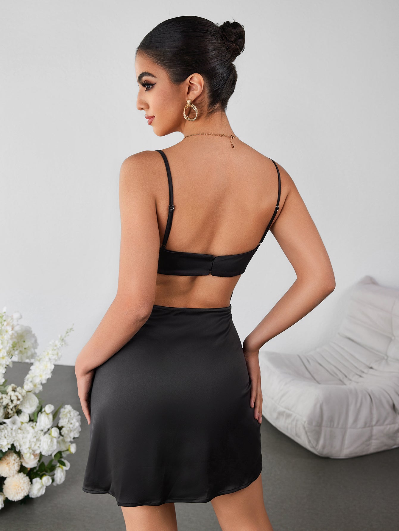 Cut Out Lace Bust Patchwork Satin Cami Dress - View 2