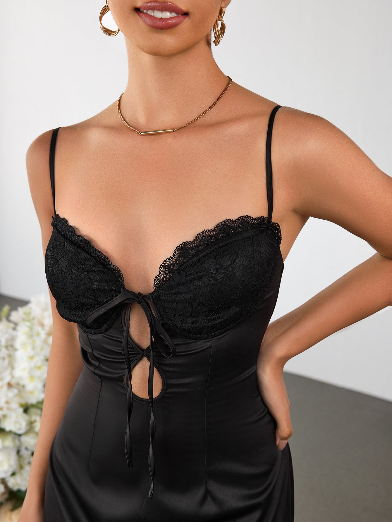 Cut Out Lace Bust Patchwork Satin Cami Dress - View 6