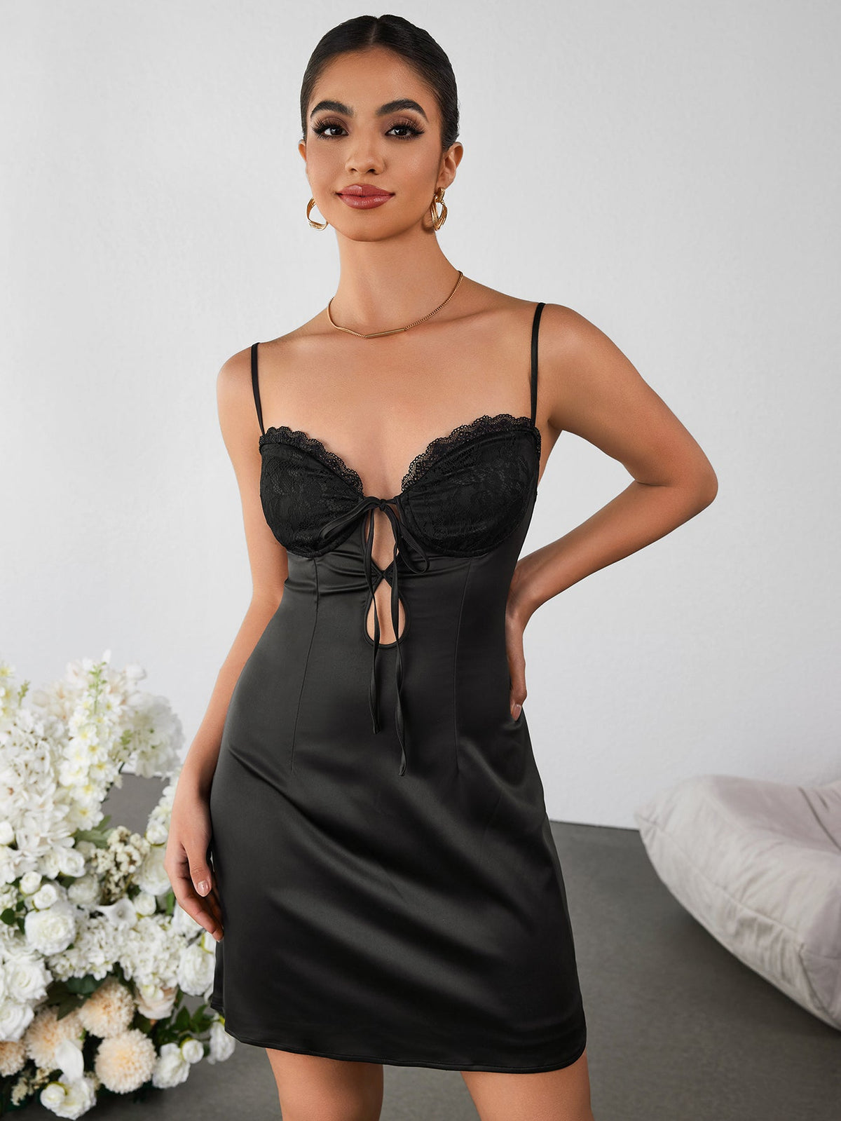 Satin Lace Bust Tie Front Cut Out Cami Mini Dress