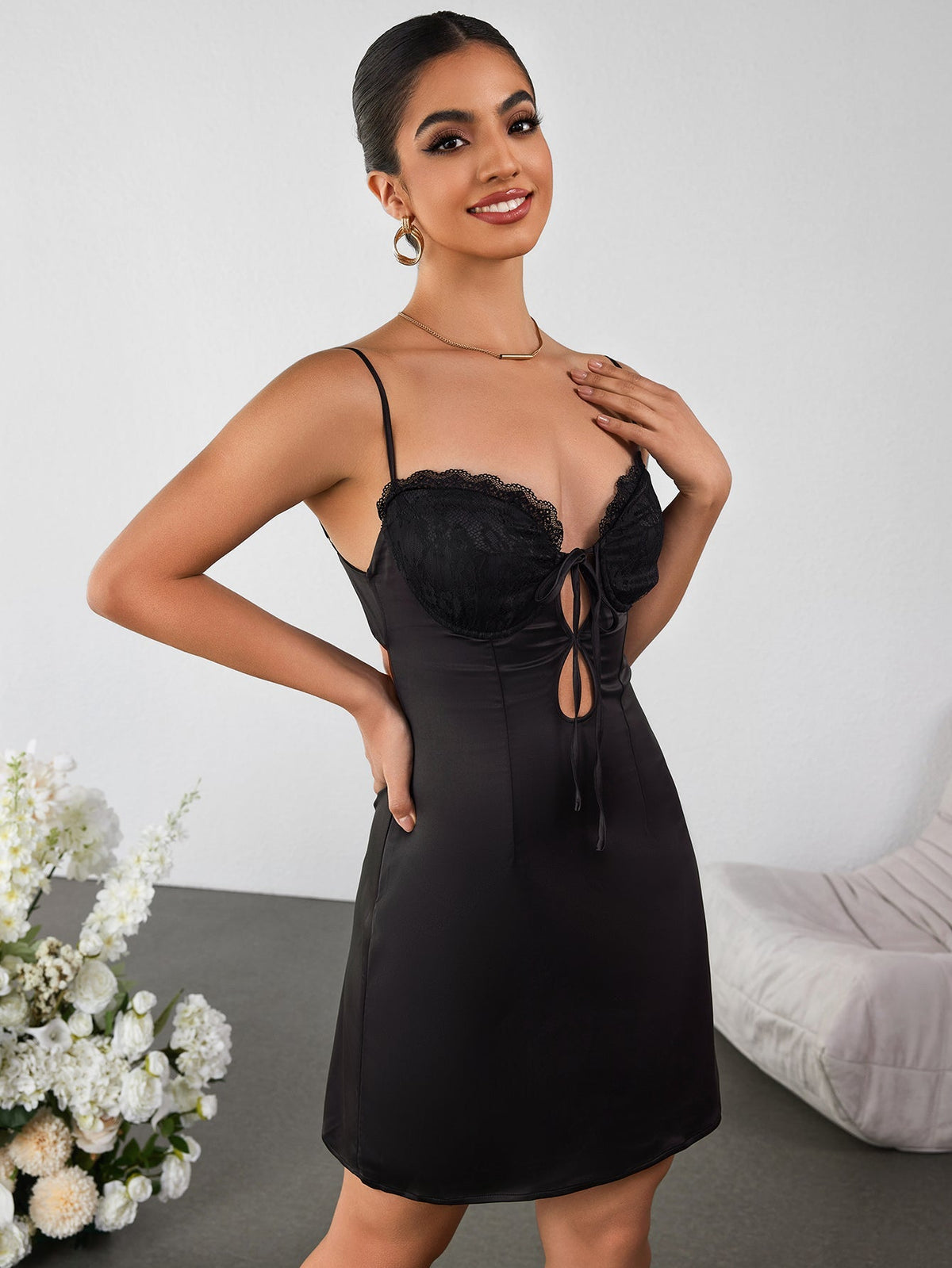 Satin Lace Bust Tie Front Cut Out Cami Mini Dress 3