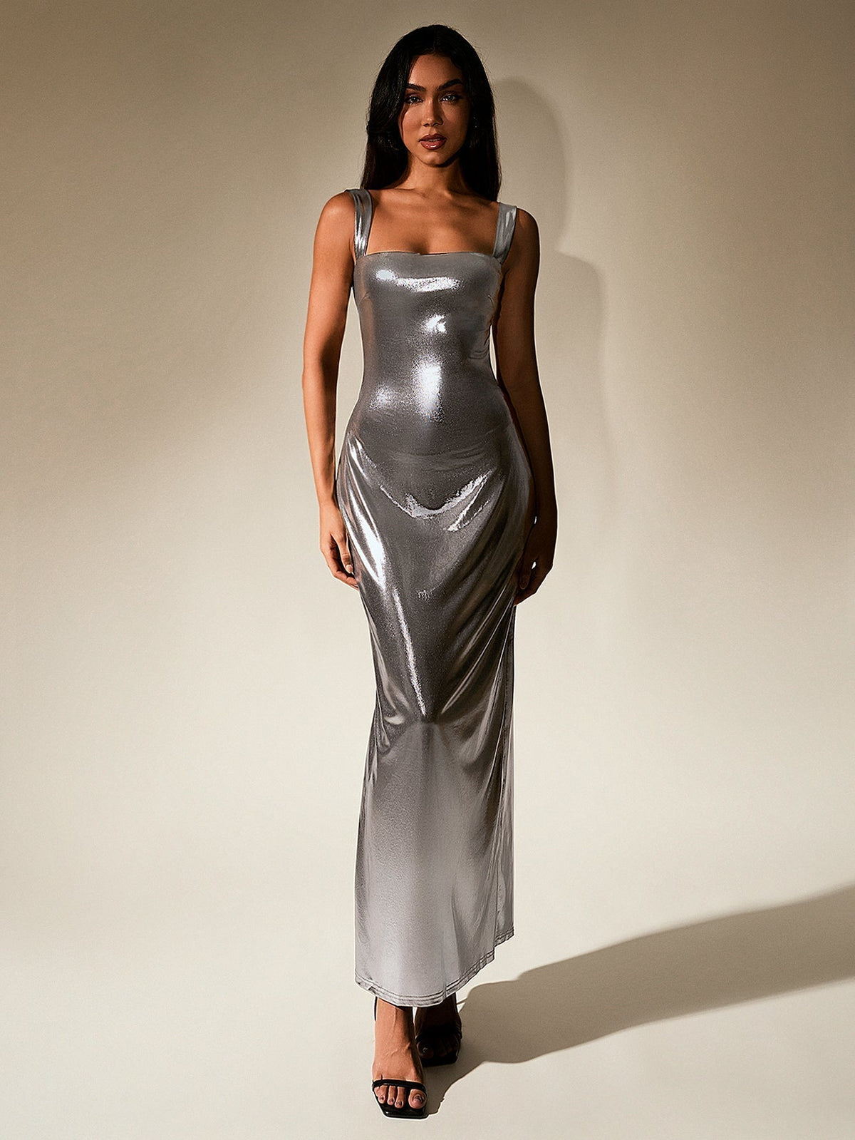Metallic Square Neck Wide Strap Bodycon Maxi Dress