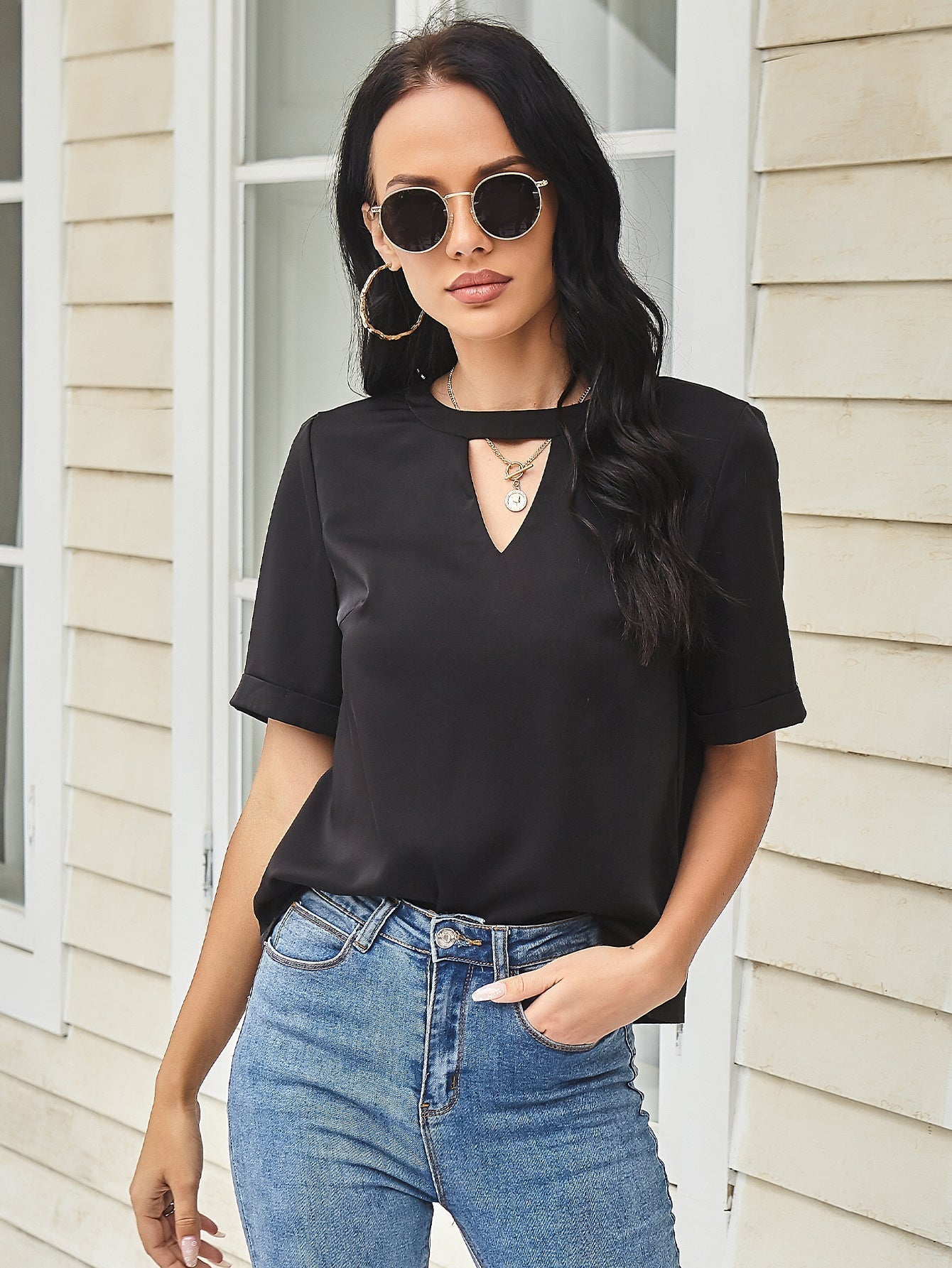 Cut Out Roll Up Sleeve Tee