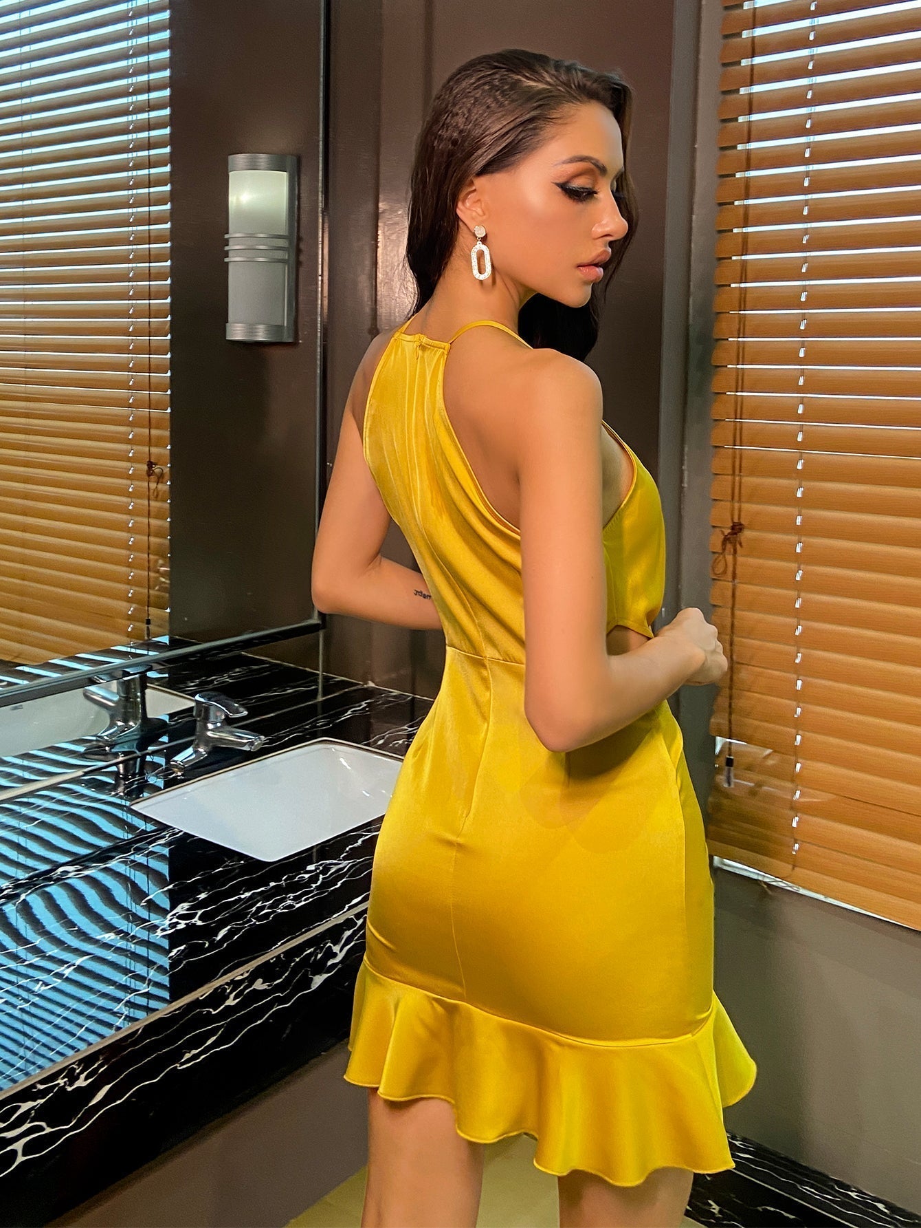 Cut Out Ruffle Hem Ruched super sexy party Satin Dress cami dress