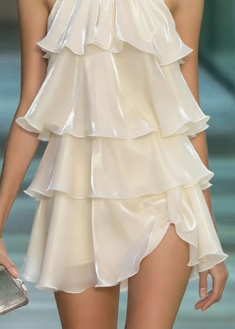 Cute Apricot Layered Ruffled Patchwork Chiffon Mini Dresses Summer 4