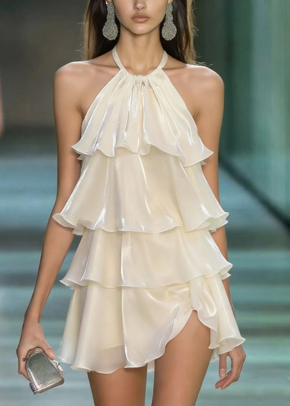 Cute Apricot Layered Ruffled Patchwork Chiffon Mini Dresses Summer 5