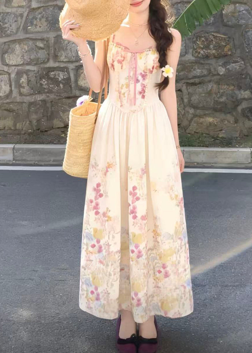 Cute Apricot Print Wrinkled Maxi Spaghetti Strap Dress Sleeveless