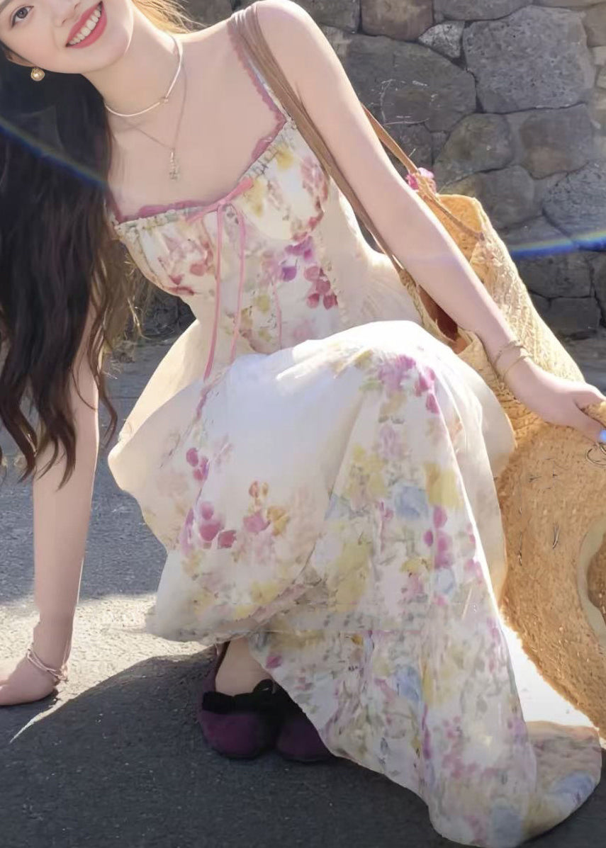 Cute Apricot Print Wrinkled Maxi Spaghetti Strap Dress Sleeveless