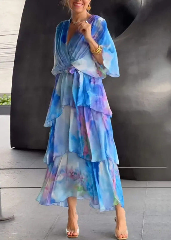Wrap V-Neck Flutter Sleeve Tie Waist Tiered Ruffle Chiffon Maxi Dress