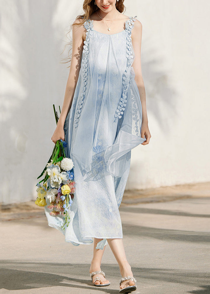 Square Neck Spaghetti Strap Floral Applique Flowy Maxi Dress