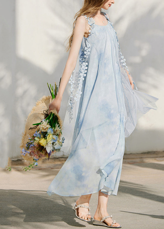 Square Neck Spaghetti Strap Floral Applique Flowy Maxi Dress