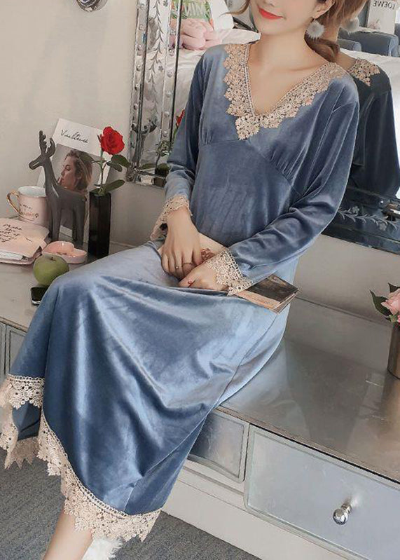 Cute Cemeo V Neck Lace Patchwork Silk Velour Dress Long Sleeve 4