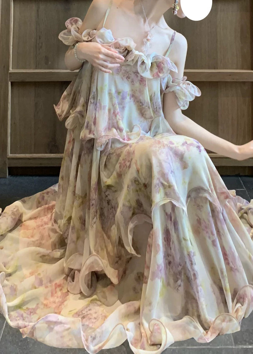 Cute Light Purple Ruffled Print Chiffon Maxi Cake Dress Summer