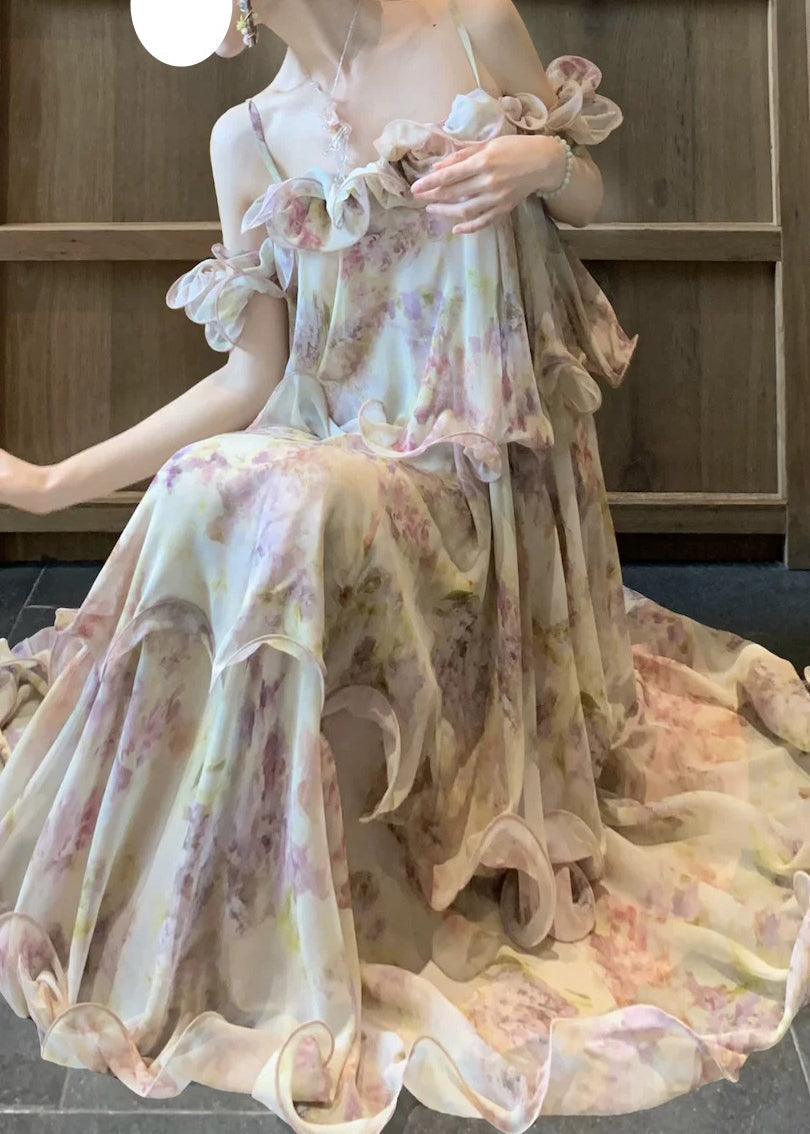 Cute Light Purple Ruffled Print Chiffon Maxi Cake Dress Summer 4