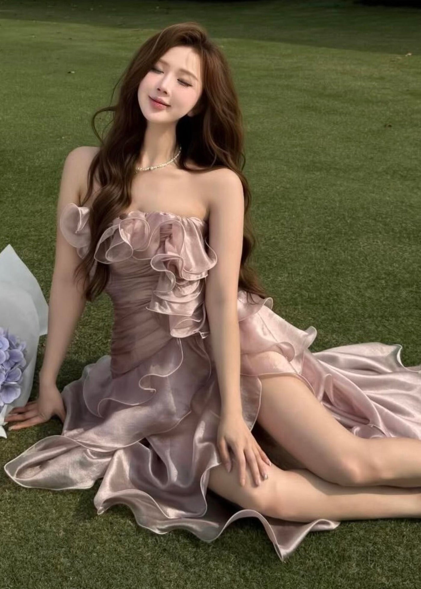 Cute Pink Asymmetrical Ruffled Patchwork Satin Long Dresses Sleeveless