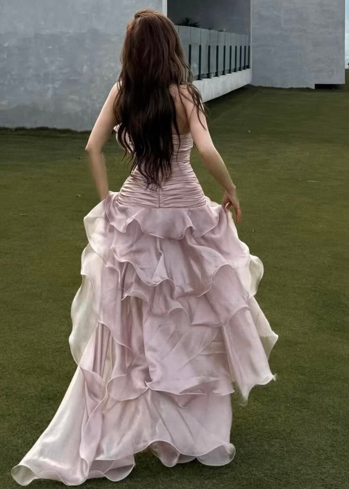 Cute Pink Asymmetrical Ruffled Patchwork Satin Long Dresses Sleeveless 5