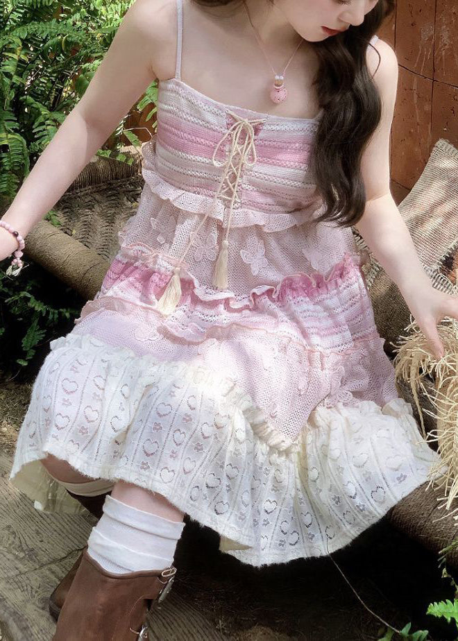 Cute Pink Lace Up Ruffled Knit Mid Dress Sleeveless 4