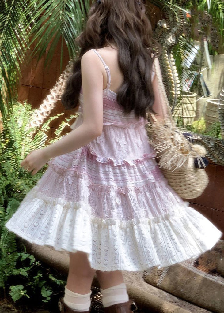 Cute Pink Lace Up Ruffled Knit Mid Dress Sleeveless 5