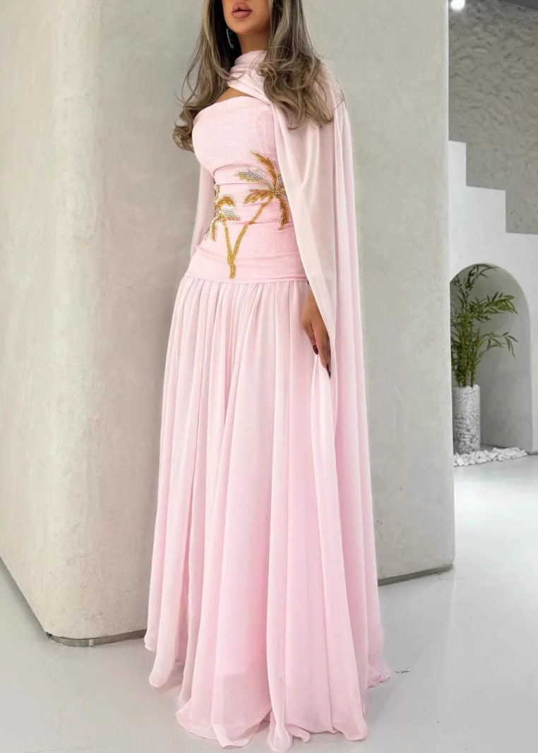 Cape Scarf Neck Palm Tree Embroidery Pleated Chiffon Maxi Gown