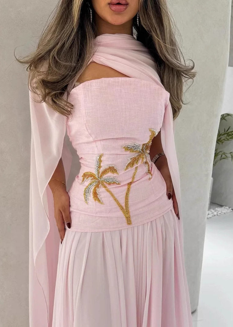 Cape Scarf Neck Palm Tree Embroidery Pleated Chiffon Maxi Gown