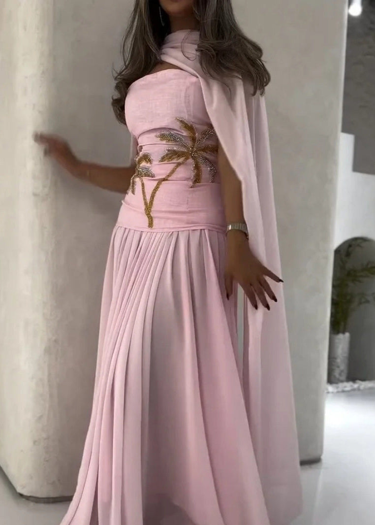 Cape Scarf Neck Palm Tree Embroidery Pleated Chiffon Maxi Gown