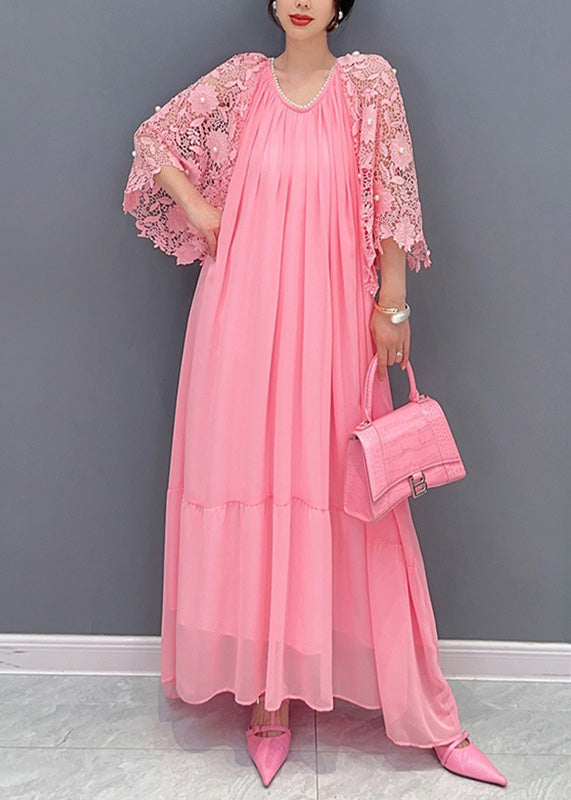 Chiffon Pleated Tiered Maxi Gown and Pearl Lace Bell Sleeve Shrug Two Piece Set