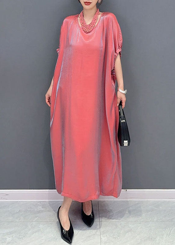 Metallic Iridescent Round Neck Gathered Cuff Short Sleeve Oversized Kaftan Midi Dress