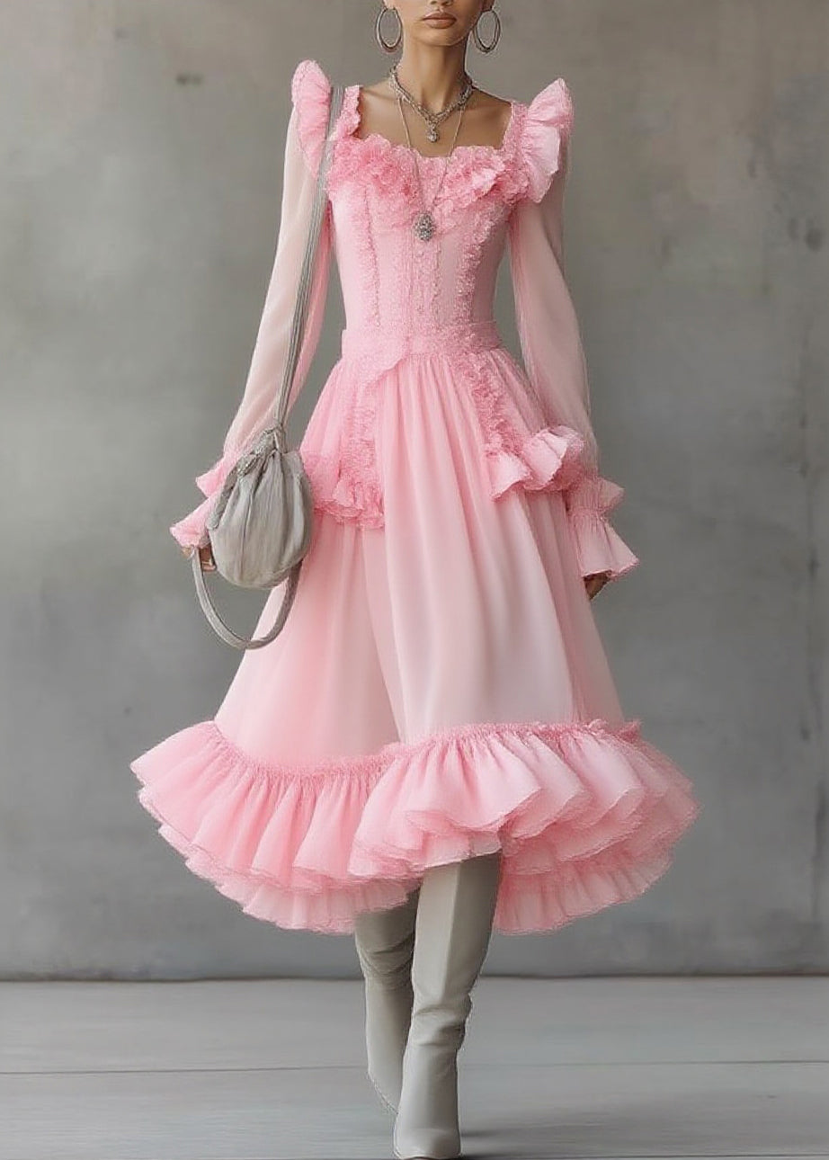 Cute Pink Square Collar Ruffled Patchwork Tulle Maxi Dress Lantern Sleeve 3