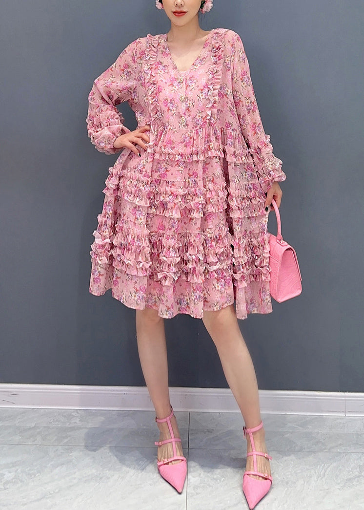 Cute Pink V Neck Ruffled Patchwork Print Chiffon Mid Dress Long Sleeve 2