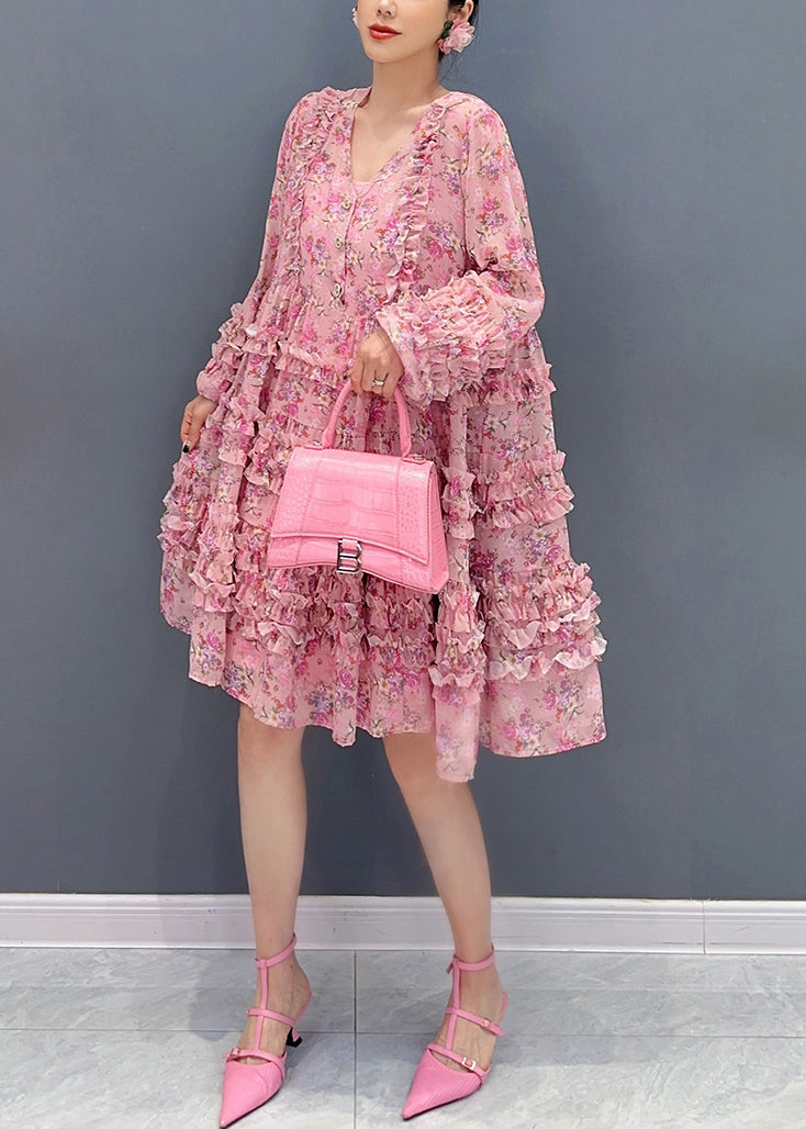 Cute Pink V Neck Ruffled Patchwork Print Chiffon Mid Dress Long Sleeve 4